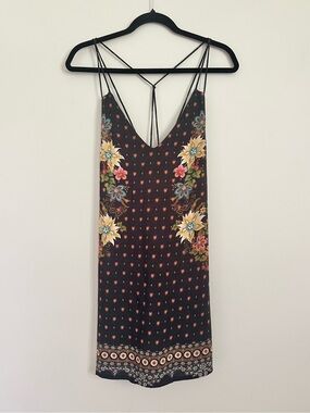 FARM Rio Floral Strappy Mini Dress Black Boho Print Tassel Size Small Festival
